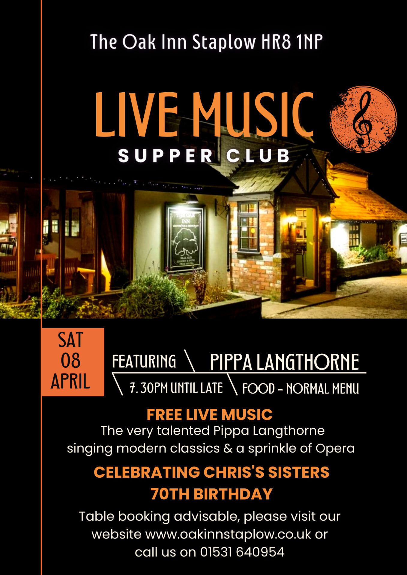 Free Live Music Event at The Oak Inn Staplow Ledbury Herefordshire. Saturday 8th April