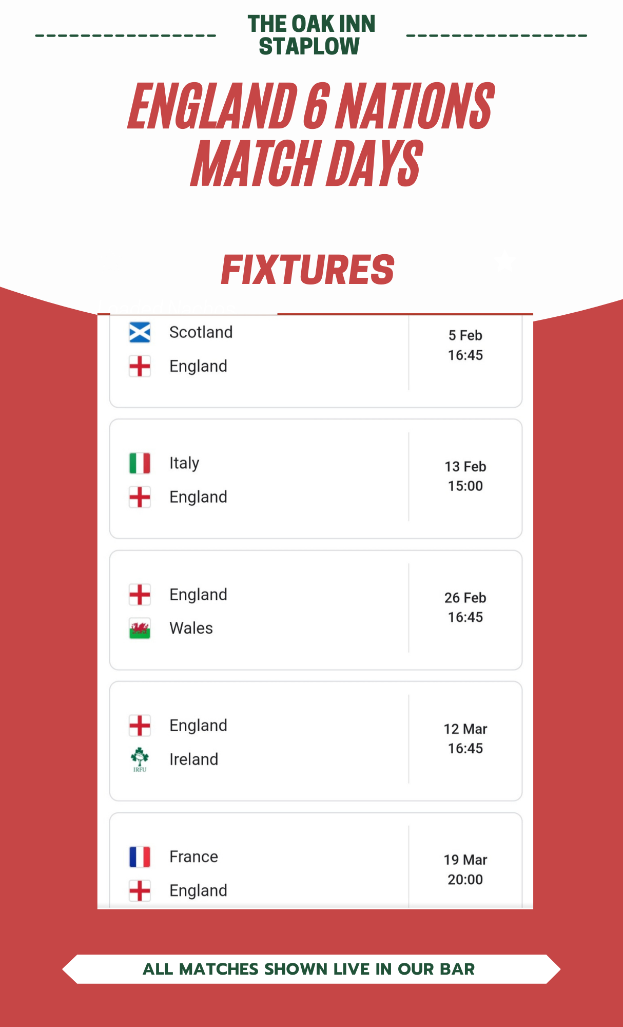 Six nations Fixture list with times - event ledbury - the oak inn staplow
