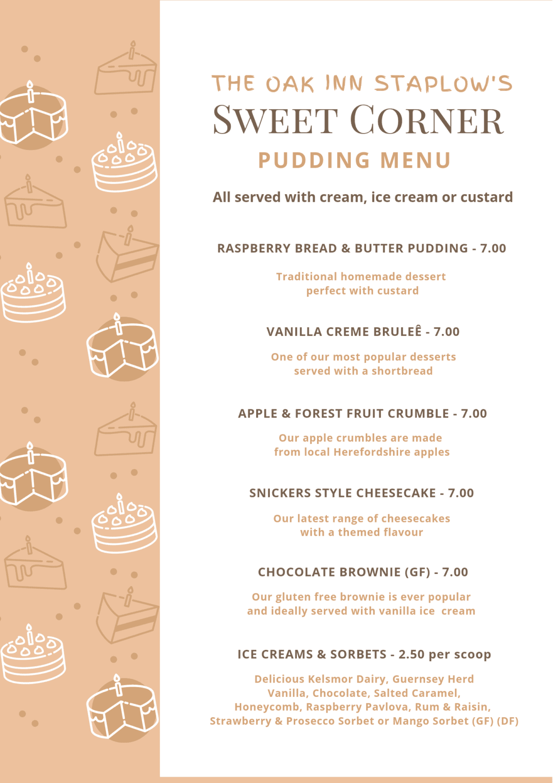 Pudding Menu The Oak Inn Staplow