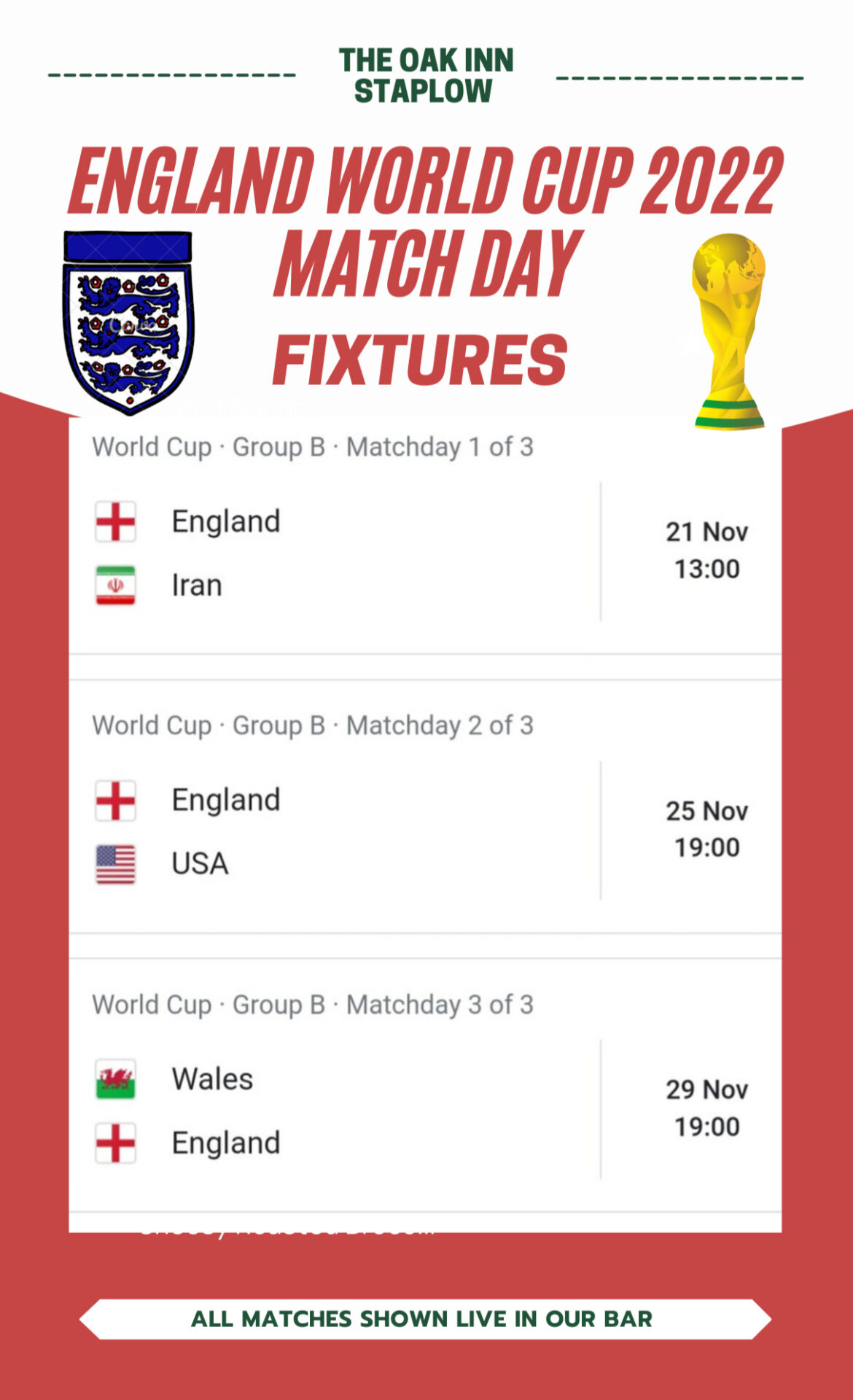 Watch England in the World cup against IRAN, WALES, USA Live at The Oak inn Staplow Ledbury, Herefordshire