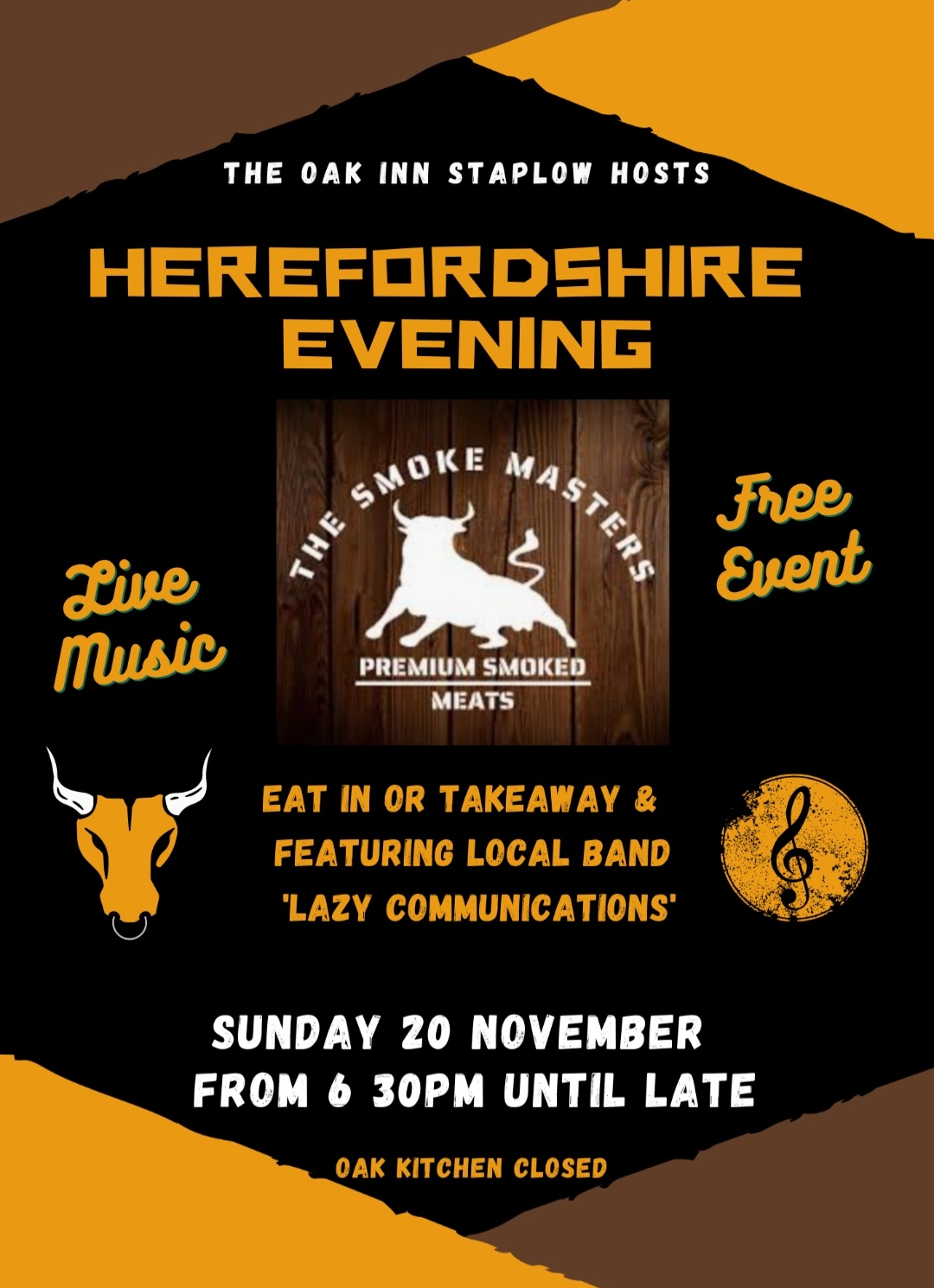 Live music and food event at The Oak Inn Staplow Ledbury Herefordshire