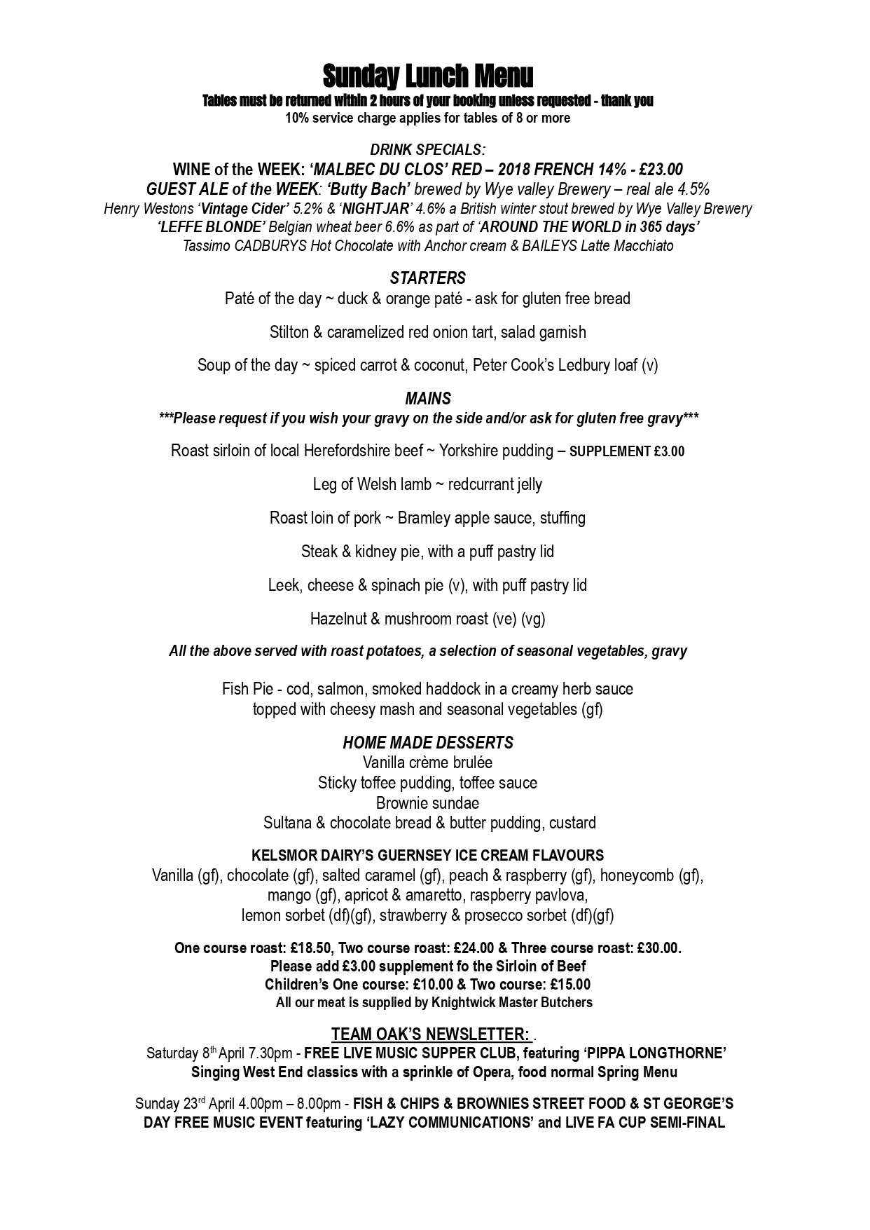 Sunday Menu The Oak Inn Staplow