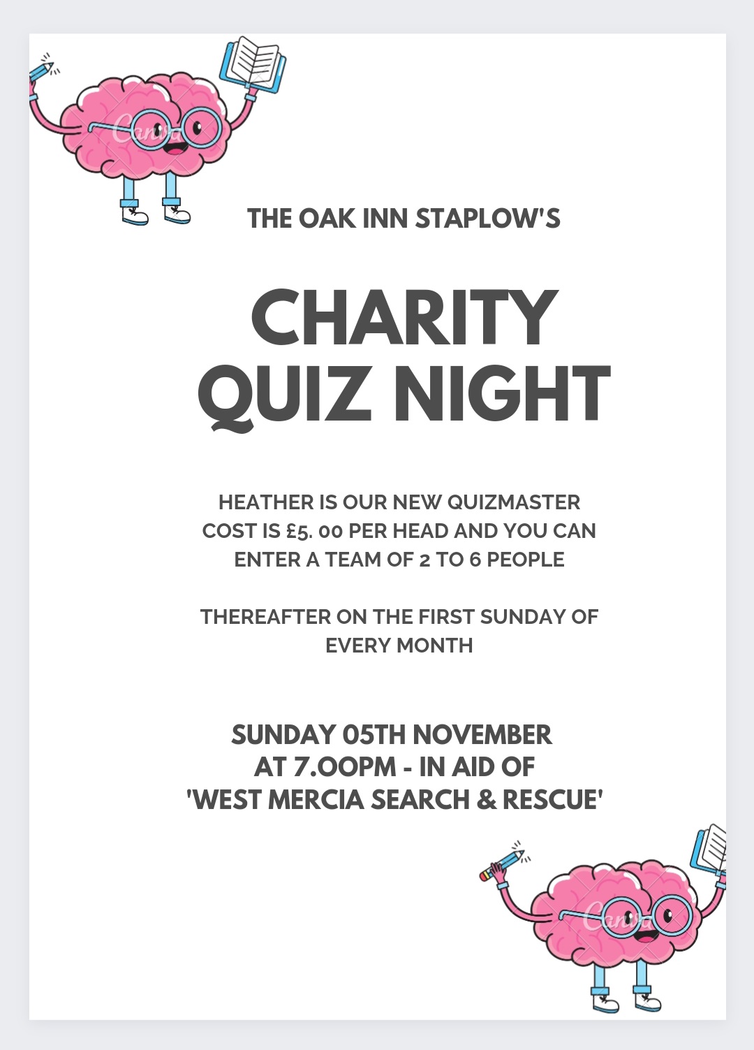 Join Heather our new Quizmaster for our next quiz on Sunday 05th November at 7.00pm. Our nominated charity is 'WEST MERCIA SEARCH & RESCUE'