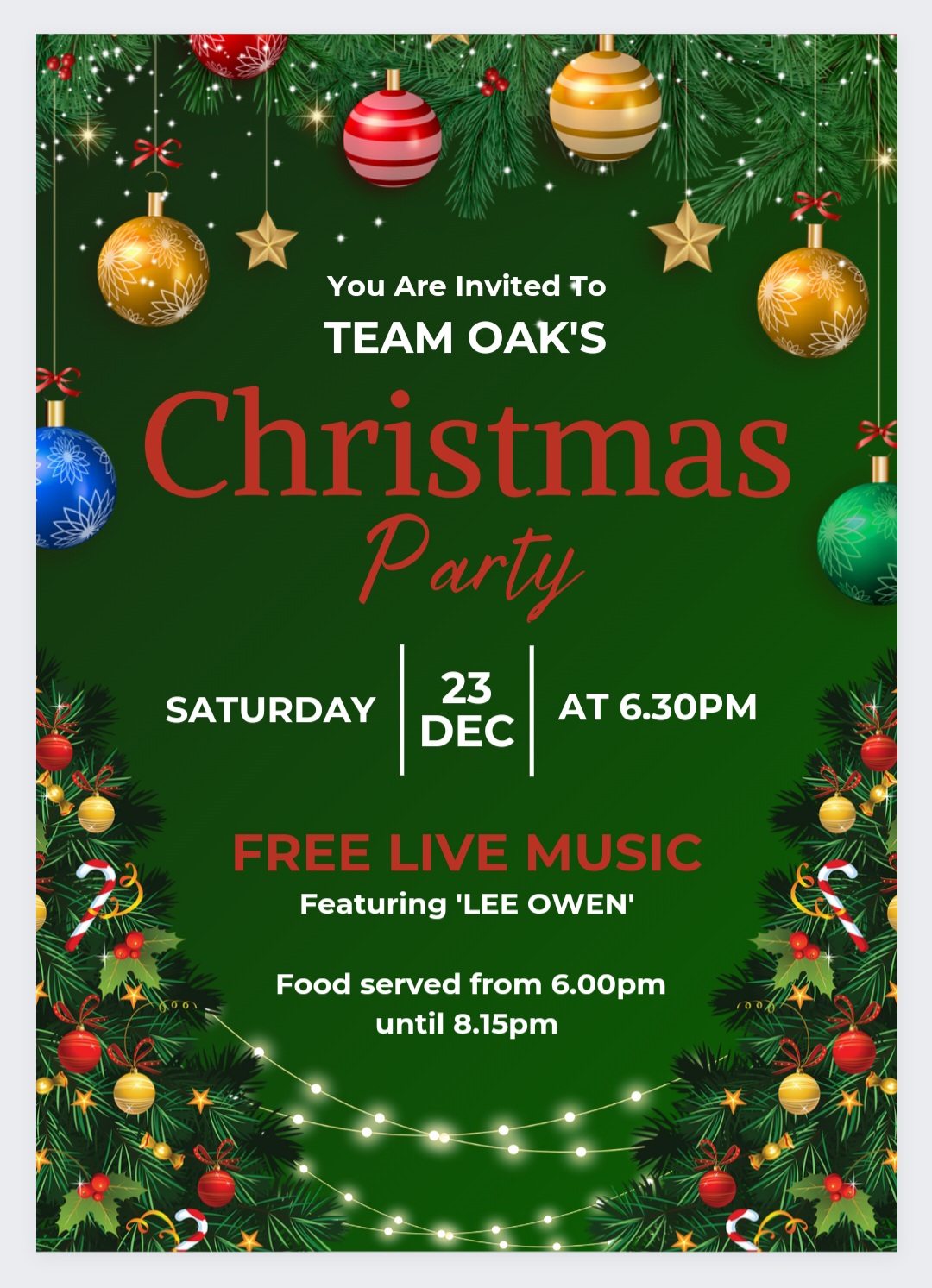 FREE LIVE MUSIC EVENT on SATURDAY 23rd December at 6.30pm featuring 'LEE OWEN' performing LIVE MUSIC