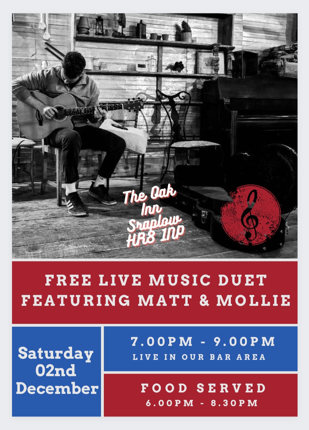 FREE LIVE MUSIC - Local quitarist MATT CASTREE & female vocalist MOLLIE perform on SATURDAY 02nd December from 7pm until 9pm