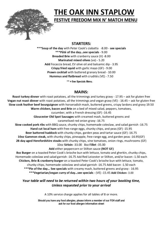 Christmas Festive Menu Part 1 The Oak Inn Staplow Ledbury