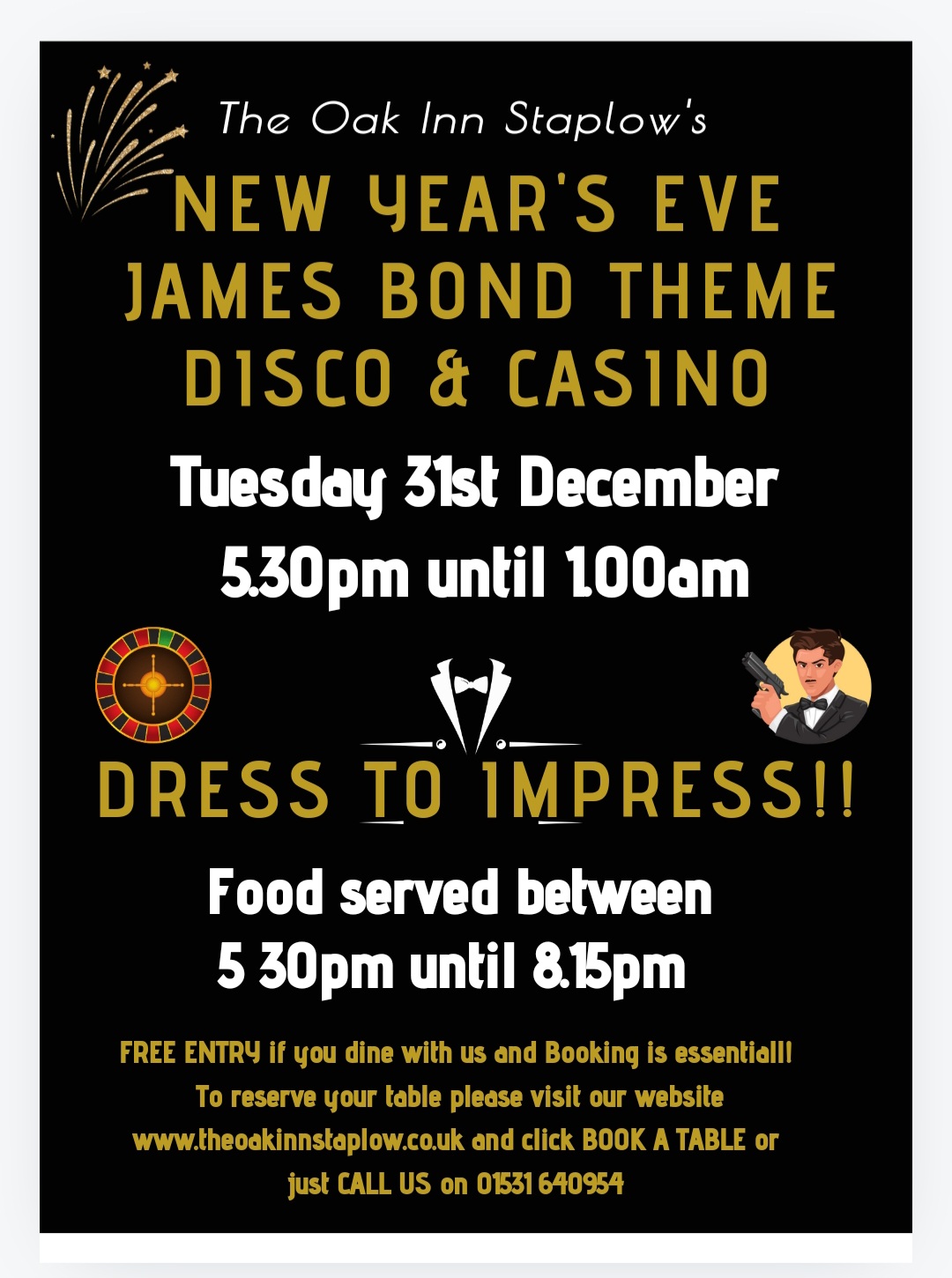 New years eve 2024 Ledbury - James Bond themed Casino - The Oak Inn Staplow