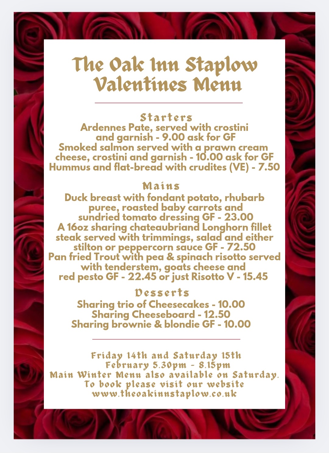 Valentines Day 2025 at The Oak Inn Staplow