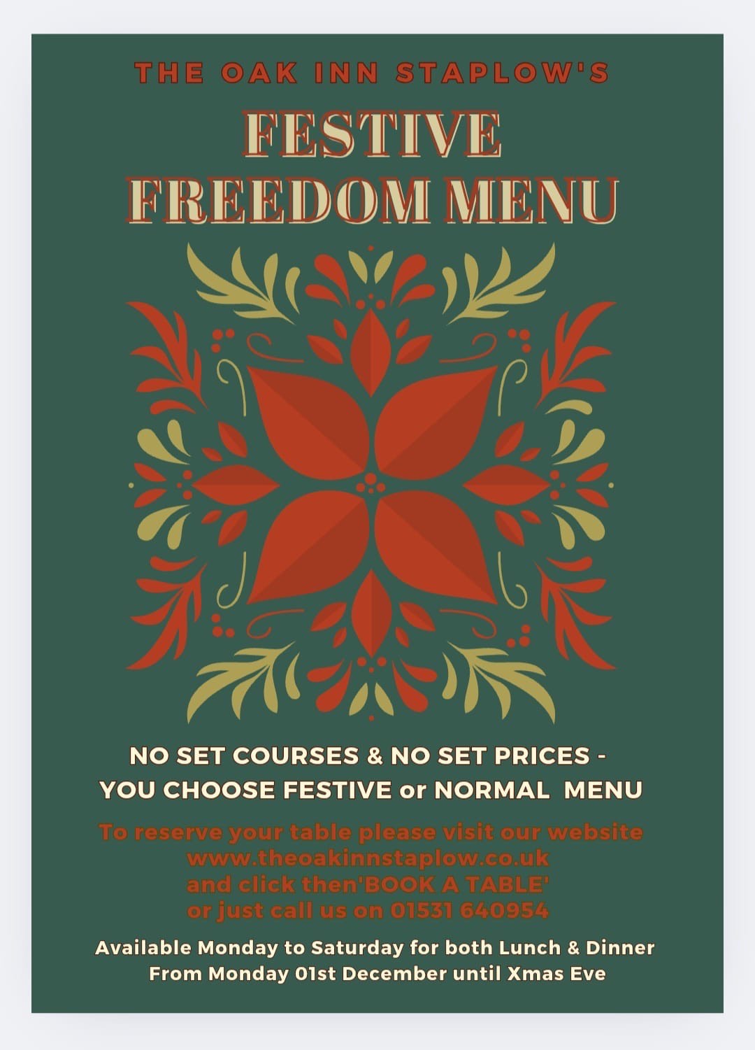 Festive Freedrom menu at the Oak Inn Staplow 2025