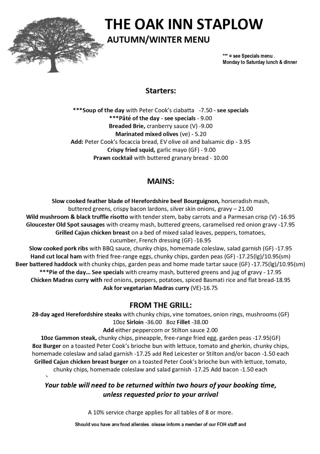 Autumn Menu | The Oak Inn Staplow