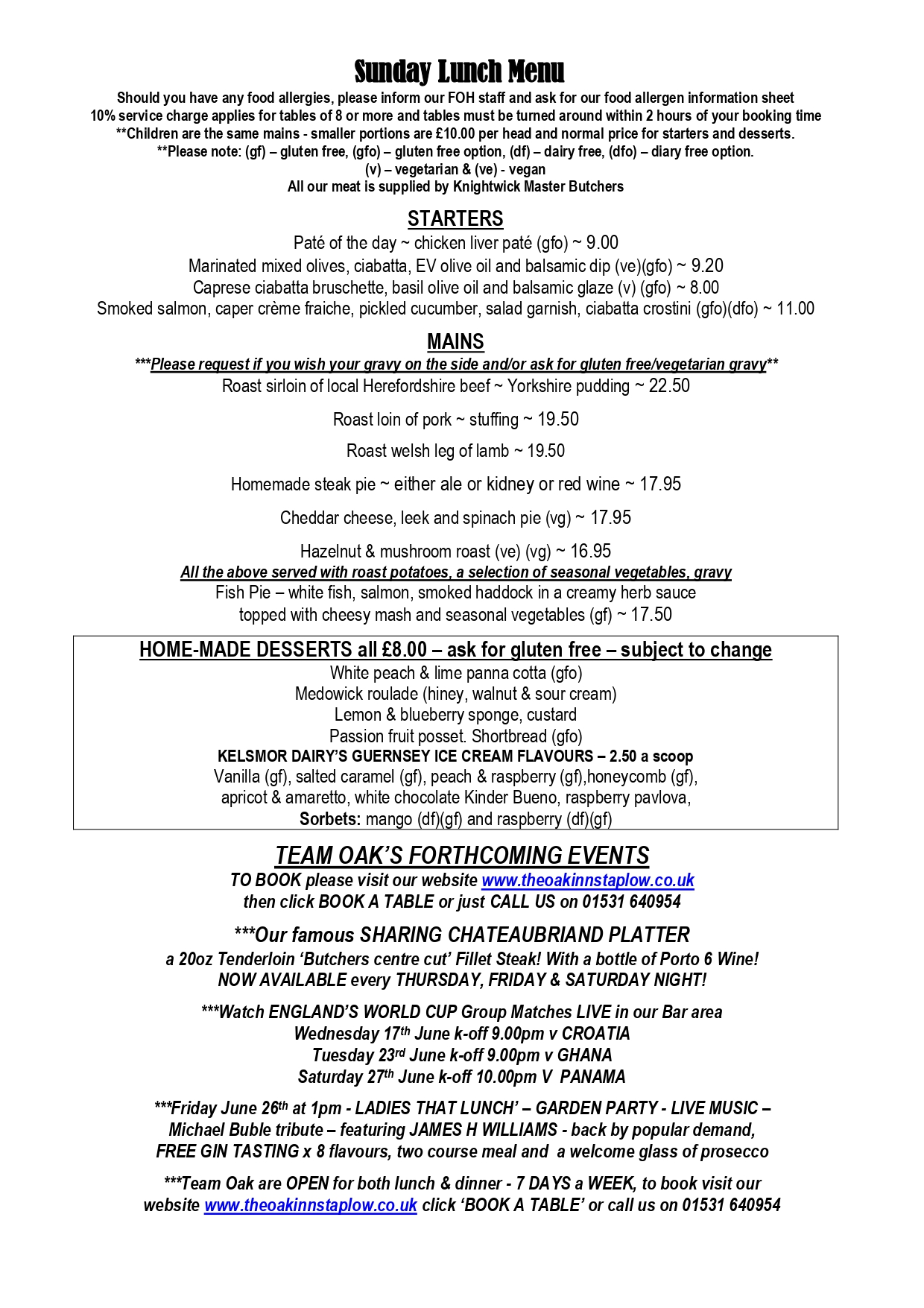 Sunday Lunch Menu at The Oak Inn Staplow, Ledbury, Herefordshire