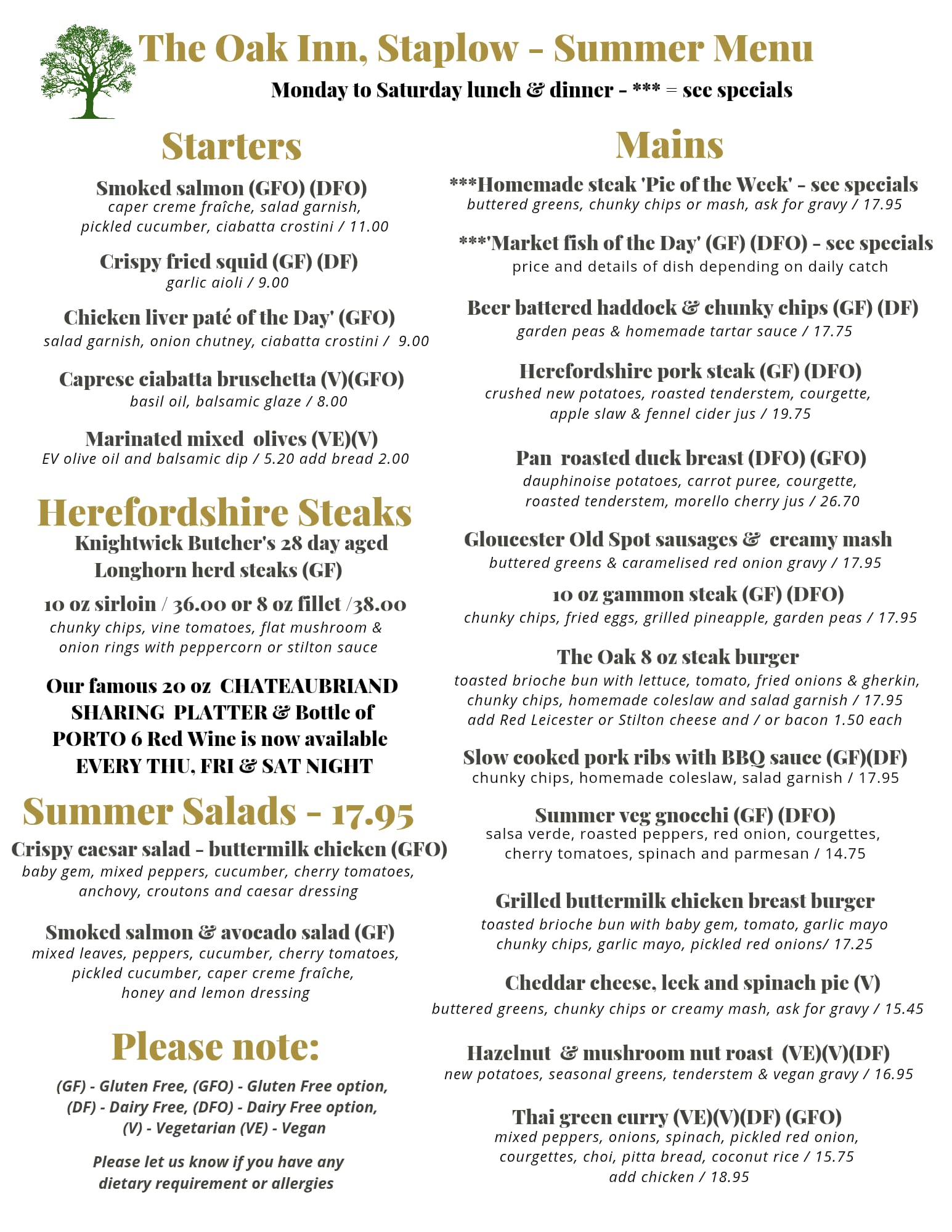 Main Menu | The Oak Inn Staplow