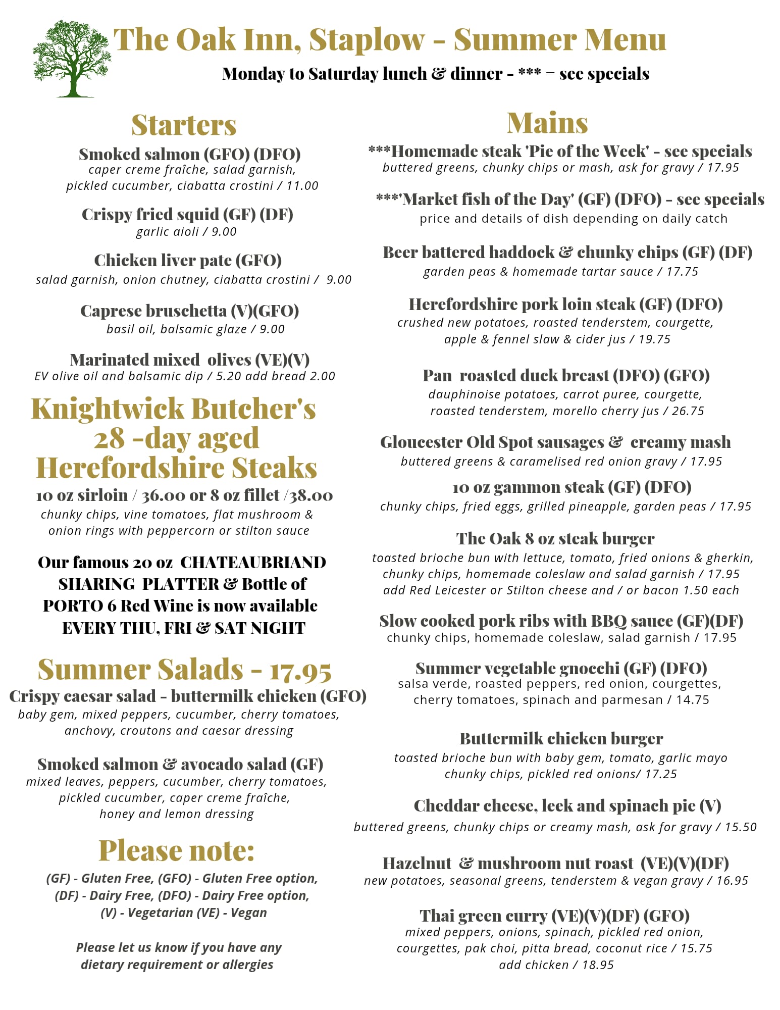 Summer Menu front at The Oak Inn Staplow Ledbury