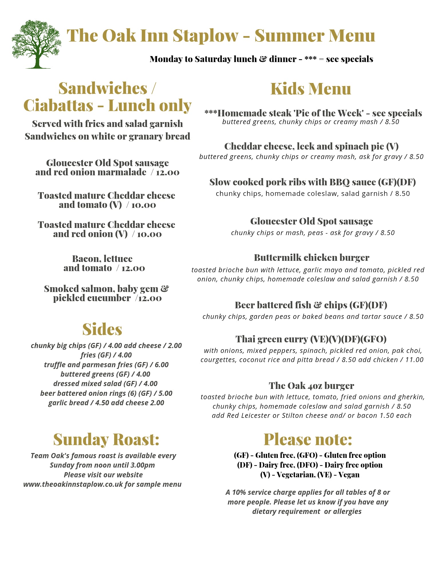 Summer Menu back at The Oak Inn Staplow Ledbury