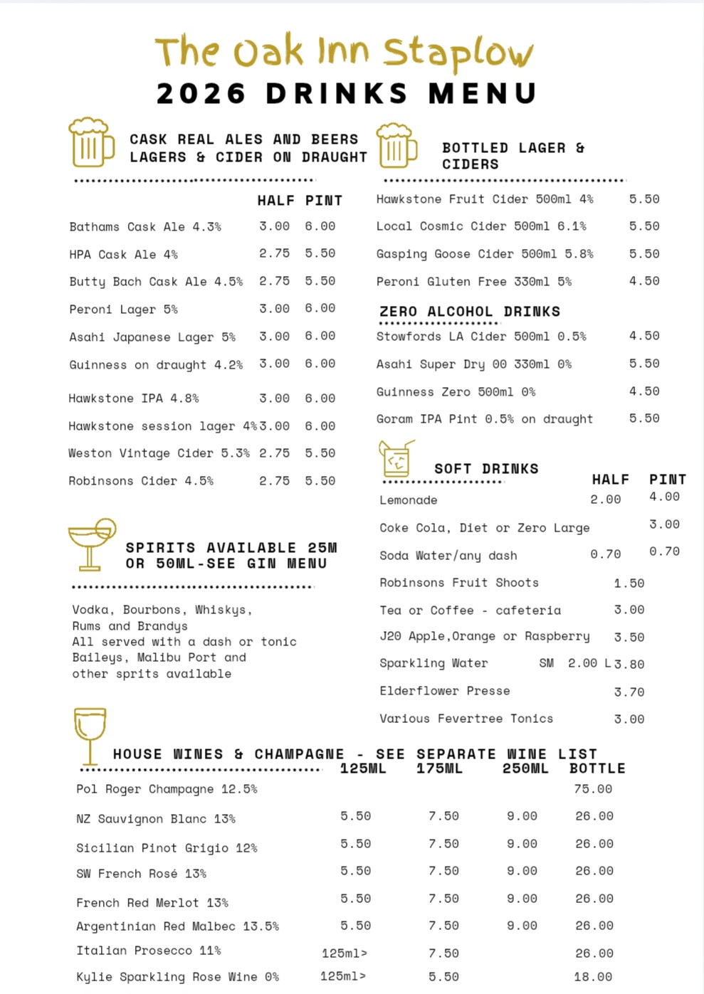 Drinks Menu at the Oak Inn Staplow, Ledbury, Herefordshire
