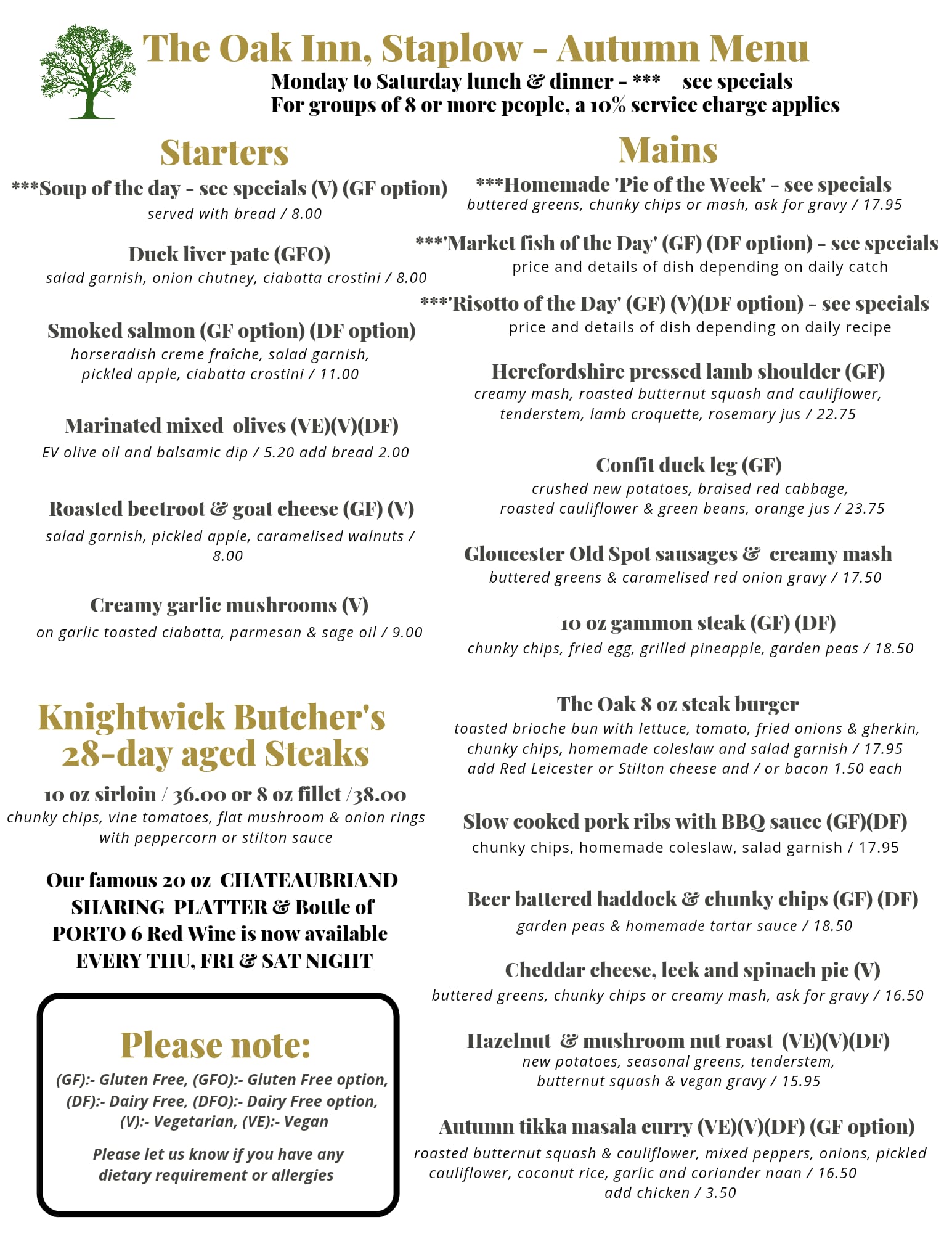 Autumn Menu 2026 front at The Oak Inn Staplow Ledbury