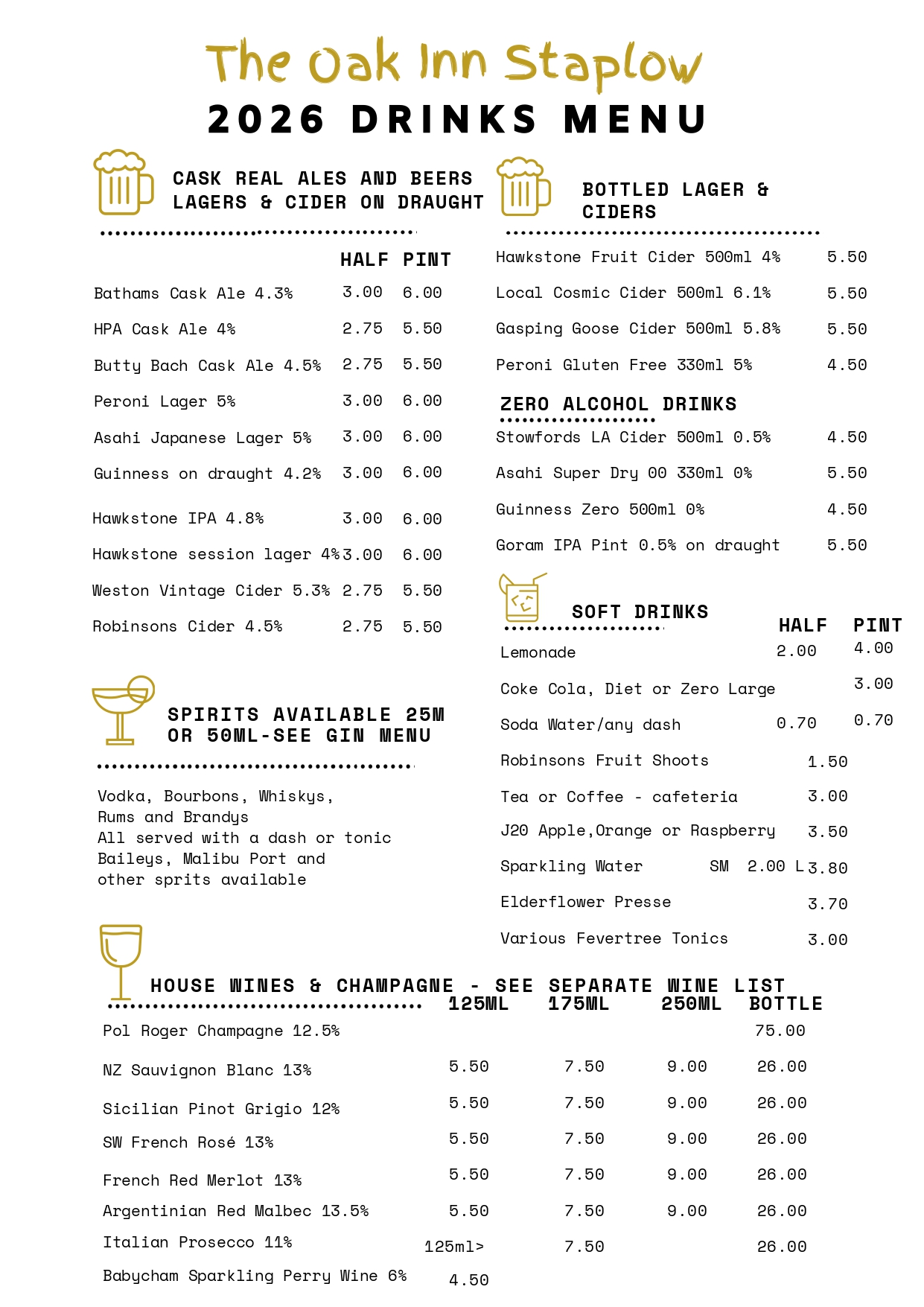 Drinks Menu at the Oak Inn Staplow, Ledbury, Herefordshire