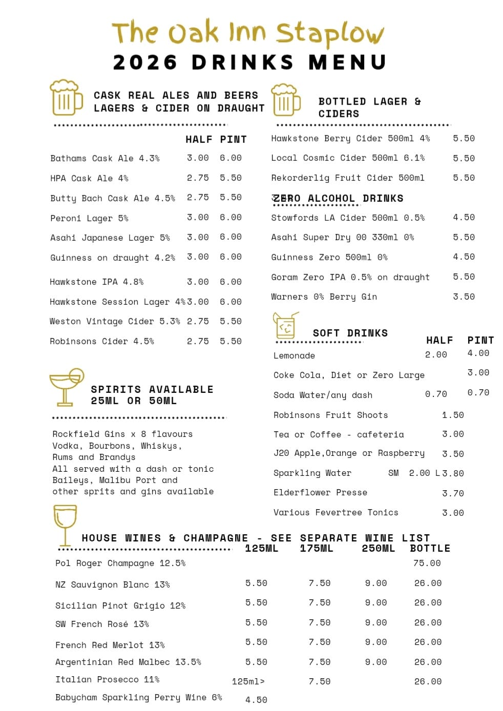 Drinks Menu at the Oak Inn Staplow, Ledbury, Herefordshire