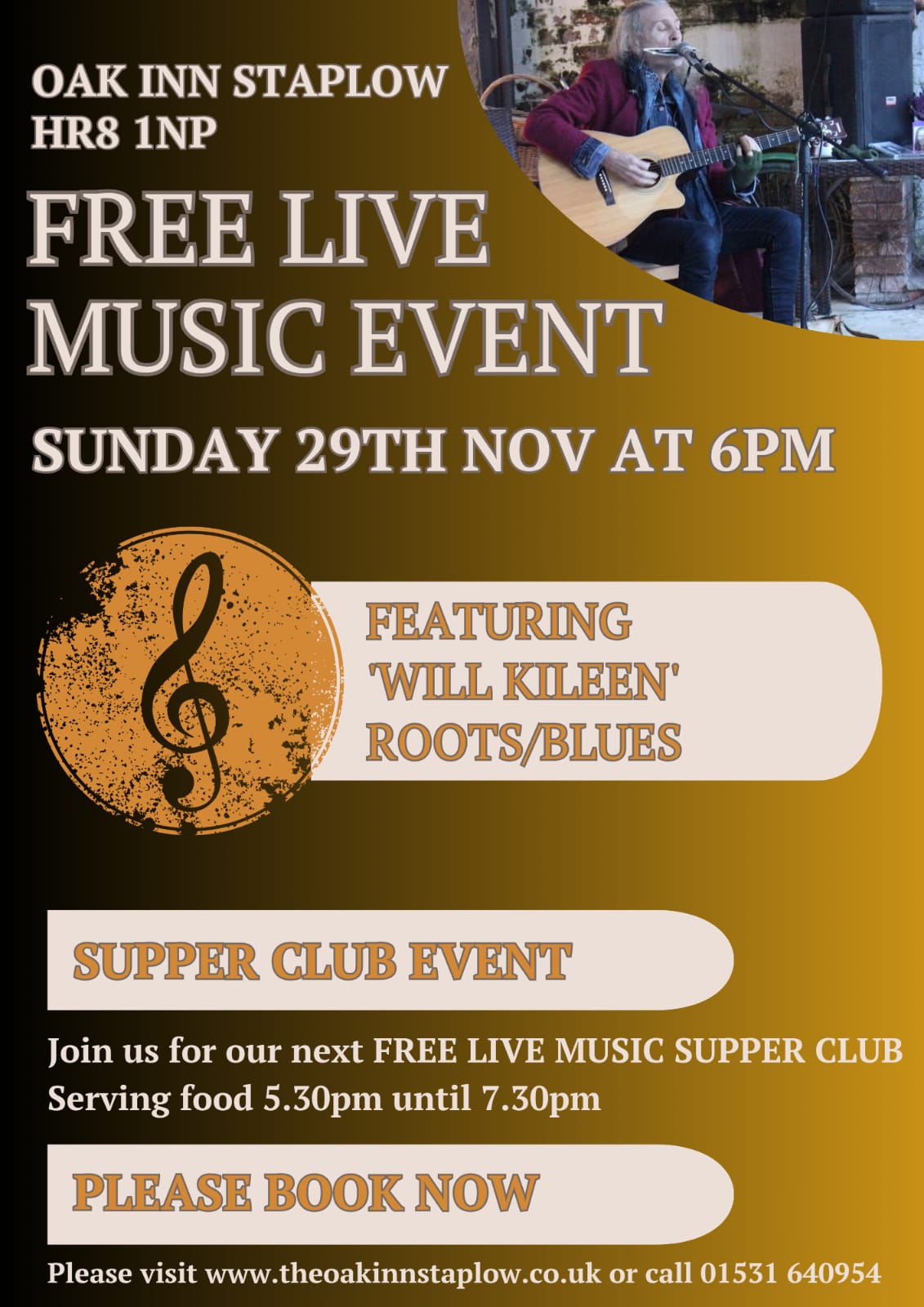 LIVE MUSIC SUPPER CLUB is on Sunday 29th November