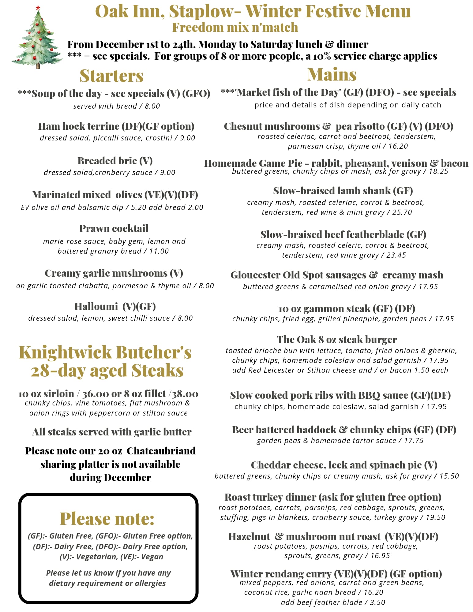 Freedom Festive Menu at The Oak Inn Staplow