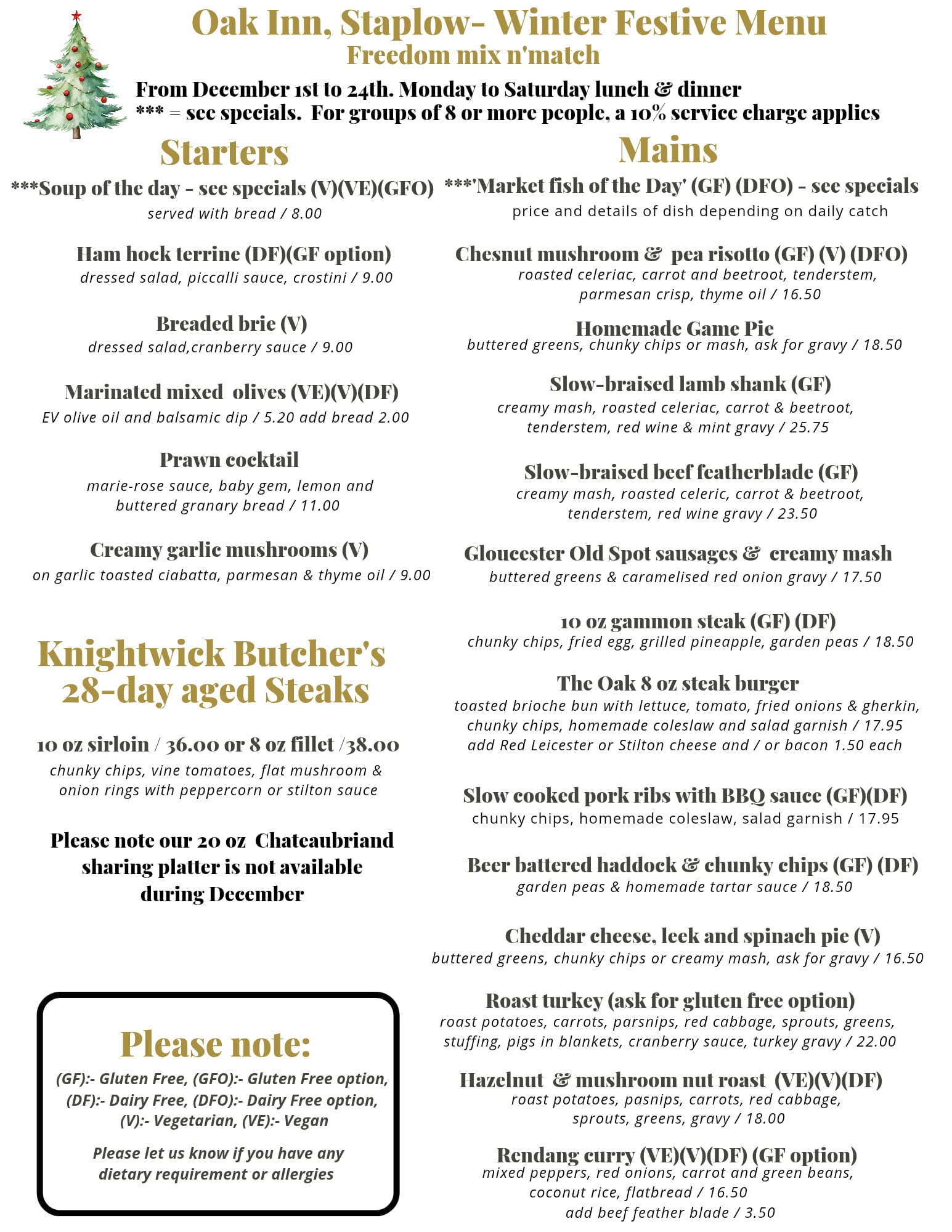 Freedom Festive Menu at The Oak Inn Staplow