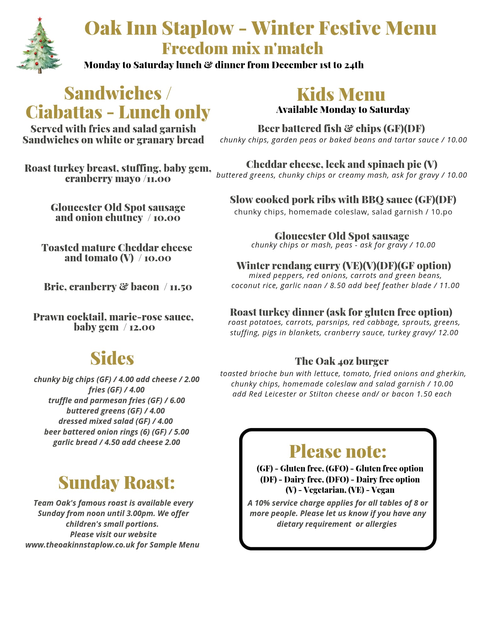 Freedom Festive Menu Back at The Oak Inn Staplow