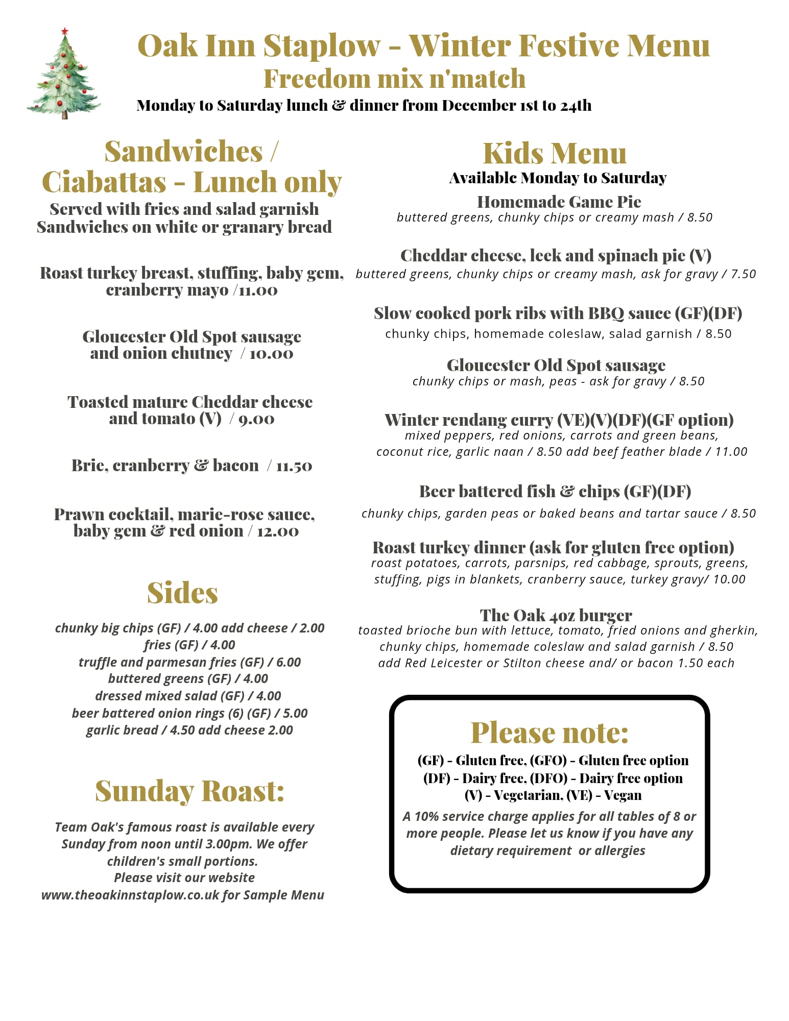 Freedom Festive Menu Back at The Oak Inn Staplow