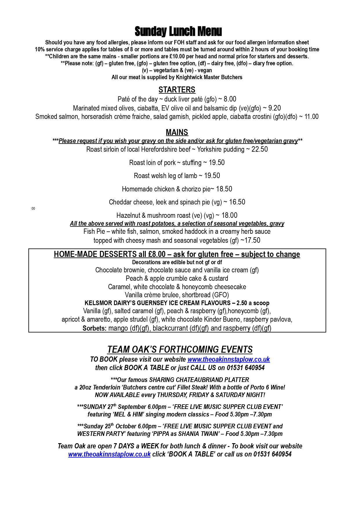 Sample Sunday Lunch Menu