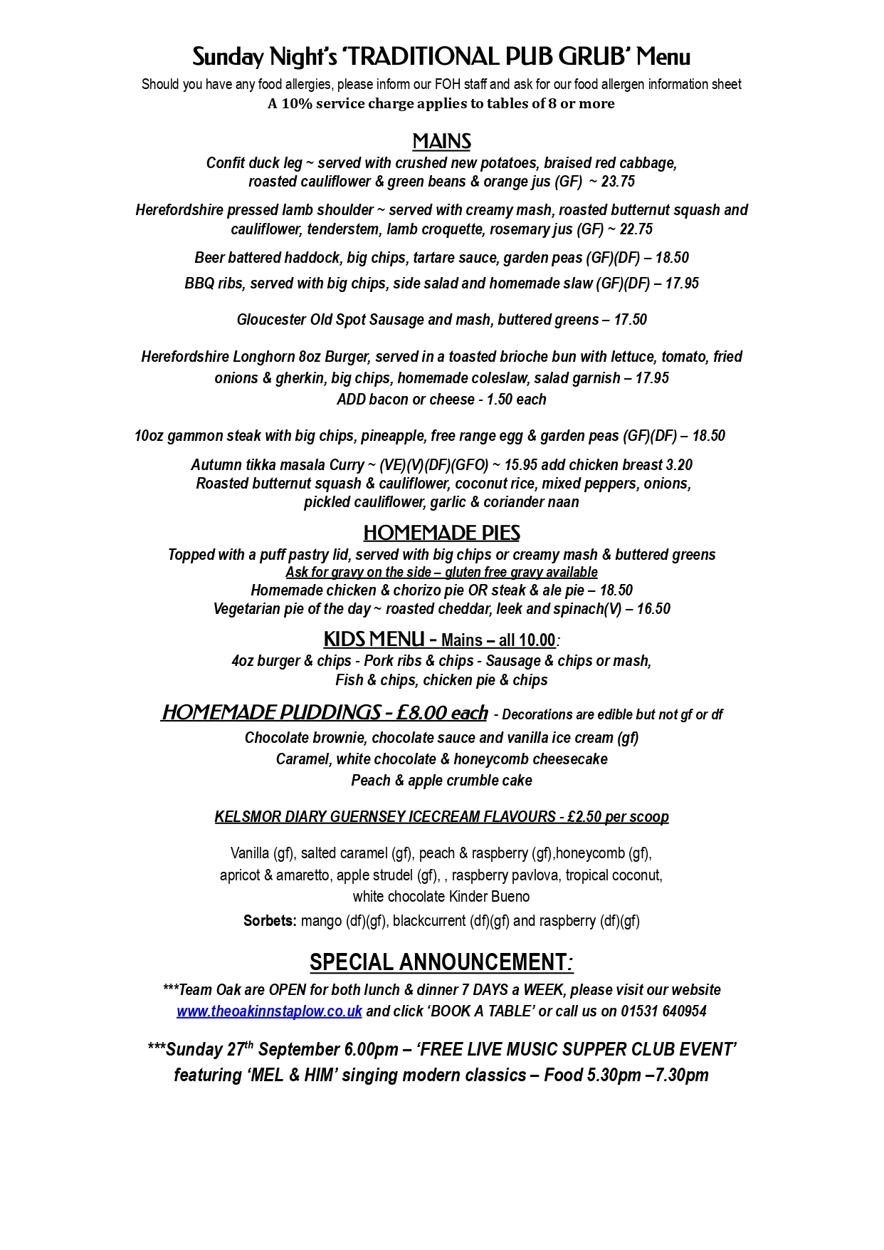 Sample Sunday Night Menu at The Oak inn Staplow Ledbury
